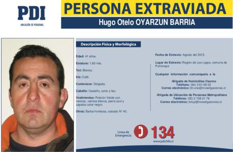 Hugo Otelo OYARZUN BARRIA  Edad: 41 años. Estatura: 1,60 mts.  Fecha de Extravío: Agosto del 2015.