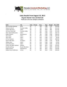 .  Sales Results from August 19, 2015 Regular Butcher Cow and Bull Sale Thank you to all of our consigners and buyers.