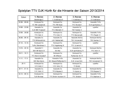 Spielplan TTV DJK Hürth für die Hinserie der Saison[removed]Datum[removed][removed][removed][removed].