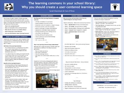 The learning commons in your school library: Why you should create a user-centered learning space Sarah Macintyre & Ciara O’Shea INTRODUCTION Over the past 10 years, academic libraries have been moving towards the Lear
