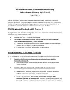 Six	
  Weeks	
  Student	
  Achievement	
  Monitoring	
   Prince	
  Edward	
  County	
  High	
  School	
   2012-­‐2013	
     Each	
  six	
  weeks	
  Prince	
  Edward	
  County	
  High	
  School	
  w