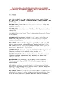 PROTOCOL RELATING TO THE MECHANISM FOR CONFLICT PREVENTION, MANAGEMENT, RESOLUTION, PEACE-KEEPING AND SECURITY PREAMBLE