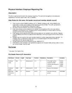 Physical Interface: Employer Reporting File   Description This file is used as the format for the employer reporting. The same format applies to all employers regardless of how they report (web, mail, or diskette.)