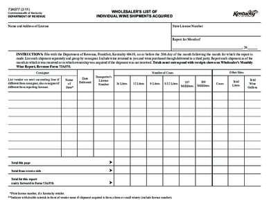 73A577[removed]WHOLESALER’S LIST OF INDIVIDUAL WINE SHIPMENTS ACQUIRED  Commonwealth of Kentucky