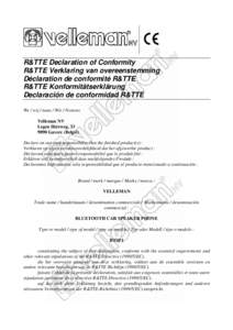 R&TTE Declaration of Conformity R&TTE Verklaring van overeenstemming Déclaration de conformité R&TTE R&TTE Konformitätserklärung Declaración de conformidad R&TTE We / wij / nous / Wir / Nostros