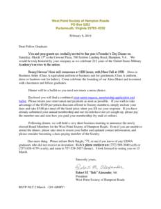 West Point Society of Hampton Roads PO Box 5252 Portsmouth, Virginia 23703–0252 February 8, 2014  Dear Fellow Graduate: