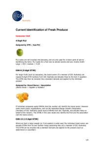 Current Identification of Fresh Produce Consumer Unit 4 Digit PLU Assigned by IFPC / Aus-PIC  PLU codes are not encoded into barcodes, and are only used for in-store point of sale to