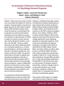 An Evaluation of Research Productivity Among I-O Psychology Doctoral Programs Angela A. Beiler , Lauren M. Zimmerman, Alexa J. Doerr, and Malissa A. Clark Auburn University Abstract: There are various ways in which