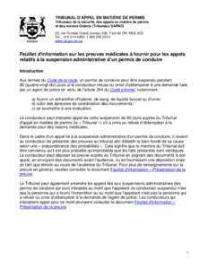 TRIBUNAL D’APPEL EN MATIÈRE DE PERMIS Tribunaux de la sécurité, des appels en matière de permis et des normes Ontario (Tribunaux SAPNO) 20, rue Dundas Ouest, bureau 530, Toronto ON M5G 2C2 Tél. : [removed], 1 8