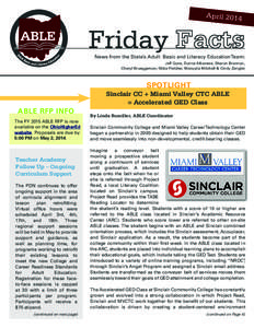 April[removed]Friday Facts News from the State’s Adult Basic and Literacy Education Team: Jeff Gove, Donna Albanese, Sharon Brannon,