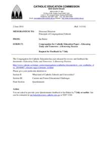 CATHOLIC EDUCATION COMMISSION NEW SOUTH WALES ABNPO Box A169, Sydney South NSW 1235 Level 9, 133 Liverpool Street, Sydney NSW 2000 Telephone: (Fax: (