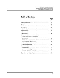 DEPARTMENT OF HUMAN SERVICES DIVISION OF DEVELOPMENTAL DISABILITIES NEW LISBON DEVELOPMENTAL CENTER Table of Contents Page
