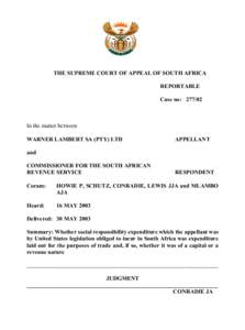 THE SUPREME COURT OF APPEAL OF SOUTH AFRICA REPORTABLE Case no: [removed]In the matter between WARNER LAMBERT SA (PTY) LTD