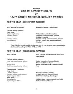 ANNEX IV  LIST OF AWARD WINNERS OF RAJIV GANDHI NATIONAL QUALITY AWARDS FOR THE YEAR[removed]FIRST AWARDS)