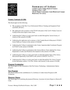 Summary of Actions Camden County College Board of Trustees Meeting of May 7, 2013 Otto R. Mauke Community Center/Blackwood Campus Blackwood, New Jersey