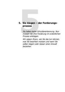 5. Sie klagen – der Forderungsprozess Sie haben keine Schuldanerkennung. Nun müssen Sie Ihre Forderung im ordentlichen Prozess einklagen. Wir zeigen Ihnen, wie Sie das tun können, was Sie beachten müssen und wann Si