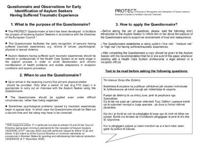 Questionnaire and Observations for Early Identification of Asylum Seekers Having Suffered Traumatic Experience PROTECTProcess of Recognition and Orientation of Torture victims in European Countries to facilitate Care and