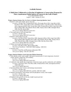 Available Datasets A Multi-State Collaborative to Develop & Implement a Conservation Program for Three Anadromous Finfish Species of Concern in the Gulf of Maine Award #NA06NMF4720249 August 1, 2006 – October 28, 2012 