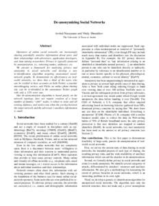 De-anonymizing Social Networks Arvind Narayanan and Vitaly Shmatikov The University of Texas at Austin Abstract Operators of online social networks are increasingly