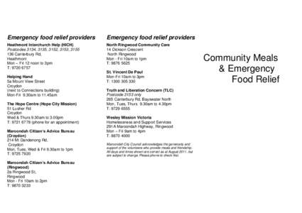 Emergency food relief providers  Emergency food relief providers Heathmont Interchurch Help (HICH) Postcodes 3134, 3135, 3152, 3153, 3155