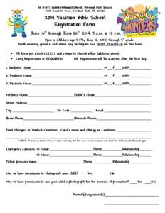 St. Mark’s United Methodist Church, Overland Park, Kansas 6422 Santa Fe Drive, Overland Park, KS[removed]Vacation Bible School Registration Form June 16th through June 20th, 2014, 9 a.m. to 12 p.m.