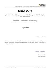 Institute for Systems and Technologies of Information, Control and Communication  DATA 2015 4th International Conference on Data Management Technologies and Applications