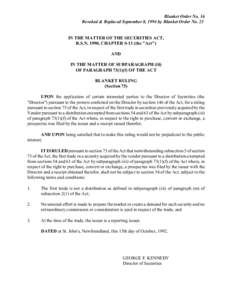 Blanket Order No. 16 Revoked & Replaced September 8, 1994 by Blanket Order No. 23 IN THE MATTER OF THE SECURITIES ACT, R.S.N. 1990, CHAPTER S-13 (the 