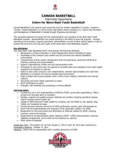 CANADA BASKETBALL  Internship Opportunity Intern for Steve Nash Youth Basketball Canada Basketball is the national sport governing body for amateur basketball in Canada. Located in Toronto, Canada Basketball is a not-for