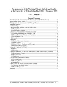 An Assessment of the Working Climate for Science Faculty at the University of British Columbia (UBC) – December 2007 – FULL REPORT – Table of Contents Procedures for the Assessment of the Working Climate for Scienc