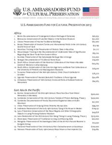 CULTURAL HERITAGE CENTER – BUREAU OF EDUCATIONAL AND CULTURAL AFFAIRS – U.S. DEPARTMENT OF STATE  U.S. AMBASSADORS FUND FOR CULTURAL PRESERVATION 2013 Africa 1. 2.