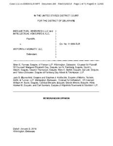 Case 1:11-cvSLR-MPT Document 284 FiledPage 1 of 71 PageID #: IN THE UNITED STATES DISTRICT COURT FOR THE DISTRICT OF DELAWARE  INTELLECTUAL VENTURES I, LLC and