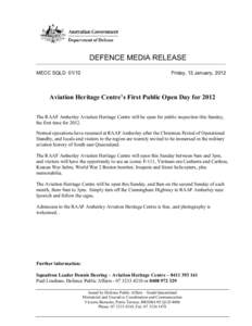 DEFENCE MEDIA RELEASE MECC SQLDFriday, 13 January, 2012  Aviation Heritage Centre’s First Public Open Day for 2012