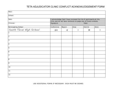 TETA ADJUDICATOR CLINIC CONFLICT ACKNOWLEDGEMENT FORM Host: School: Date: Clinician: