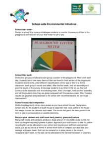 School-wide Environmental Initiatives School litter meter Design a school litter meter and delegate students to monitor the amount of litter in the playground and record it on your litter meter for all to see.  School li