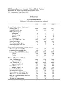 2000 Country Reports on Economic Policy and Trade Practices Released by the Bureau of Economic and Business Affairs U.S. Department of State, March 2001 PARAGUAY Key Economic Indicators