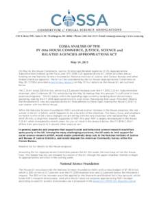 1701 K Street NW, Suite 1150 • Washington, DC 20006 • Phone: ( • Email:  • www.cossa.org  COSSA ANALYSIS OF THE FY 2016 HOUSE COMMERCE, JUSTICE, SCIENCE and RELATED AGENCIES APPROPRIAT