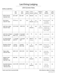 Lee Vining Lodging 2010 Summer Rates HOTELS & MOTELS one bed