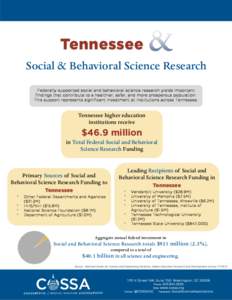 Tennessee Social & Behavioral Science Research Federally-supported social and behavioral science research yields important findings that contribute to a healthier, safer, and more prosperous population. This support repr