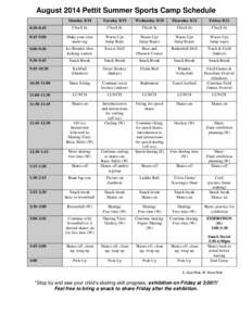 August 2014 Pettit Summer Sports Camp Schedule Monday 8/18 Tuesday[removed]Wednesday 8/20