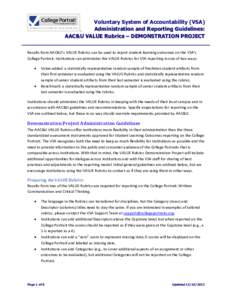 Voluntary System of Accountability (VSA) Administration and Reporting Guidelines: AAC&U VALUE Rubrics – DEMONSTRATION PROJECT Results from AAC&U’s VALUE Rubrics can be used to report student learning outcomes on the 