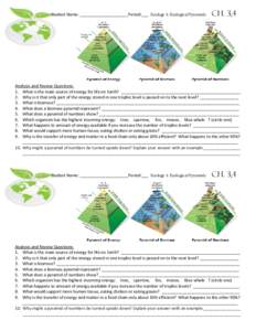 Student Name: _____________________Period:___ Ecology 1: Ecological Pyramids  CH. 3,4 Analysis and Review Questions: 1. What is the main source of energy for life on Earth? _______________________________________________
