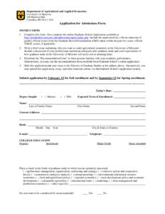 Department of Agricultural and Applied Economics UNIVERSITY OF MISSOURI 200 Mumford Hall Columbia, MOUSA  Application for Admissions Form