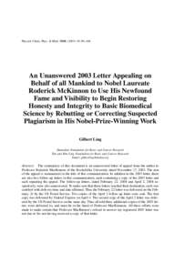 Physiol. Chem. Phys. & Med. NMR[removed]: 89–106  An Unanswered 2003 Letter Appealing on Behalf of all Mankind to Nobel Laureate Roderick McKinnon to Use His Newfound Fame and Visibility to Begin Restoring