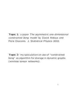 Topic 1: a paper The asymmetric one-dimensional constrained Ising model by David Aldous and Persi Diaconis. J. Statistical PhysicsTopic 2: my speculation on use of “constrained Ising” as algorithm for storage 