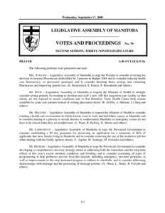 Wednesday, September 17, 2008  LEGISLATIVE ASSEMBLY OF MANITOBA __________________________  VOTES AND PROCEEDINGS