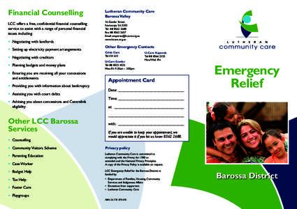 Financial Counselling  Lutheran Community Care Barossa Valley  LCC offers a free, confidential financial counselling