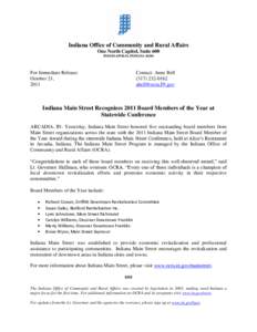 Indiana Office of Community and Rural Affairs One North Capitol, Suite 600 INDIANAPOLIS, INDIANA[removed]For Immediate Release: October 21,