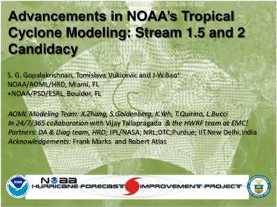 Advancements in NOAA’s Tropical Cyclone Modeling: Stream 1.5 and 2 Candidacy S. G. Gopalakrishnan, Tomislava Vukicevic and J-W.Bao+ NOAA/AOML/HRD, Miami, FL +NOAA/PSD/ESRL, Boulder, FL