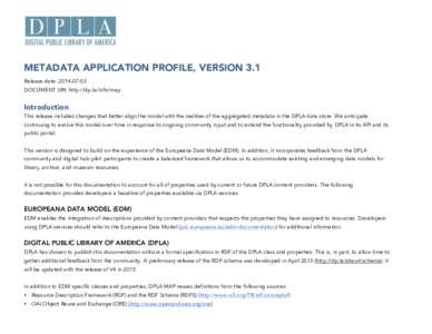 METADATA APPLICATION PROFILE, VERSION 3.1 Release date: [removed]DOCUMENT URI: http://dp.la/info/map Introduction This release includes changes that better align the model with the realities of the aggregated metadata 