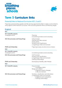 Term 5 Curriculum links Potential links to National Curriculum KS1, 2 and 3 Preparing a pond and bog garden and the learning opportunities that it creates can be linked to many aspects of the National Curriculum. Here ar